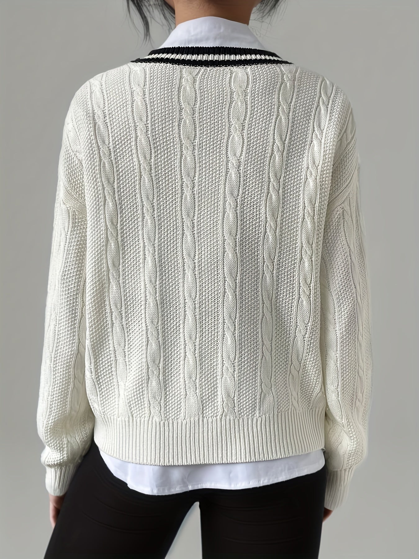 V Neck Cable Knit Pullover Sweater, Casual Long Sleeve Drop Shoulder Sweater, Women's Clothing
