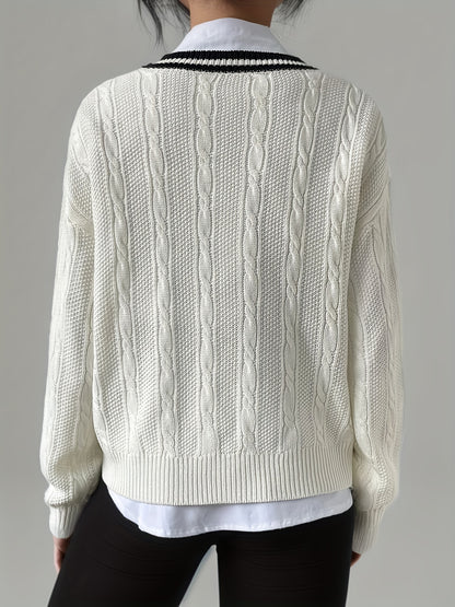 V Neck Cable Knit Pullover Sweater, Casual Long Sleeve Drop Shoulder Sweater, Women's Clothing