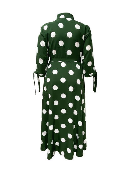 Elegant Plus Size Polka Dots Print Maxi Dress - Women's Button Up Collared Belted