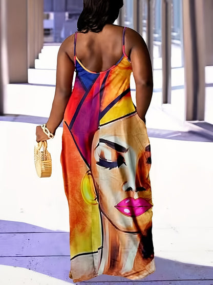 Figure Print Dress, Sexy Spaghetti Strap Backless Maxi Dress, Women's Clothing