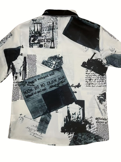 Chic Vintage-Inspired Women's Long Sleeve Blouse - Casual Polyester Chiffon Shirt with Unique Newspaper Print, Machine Washable, Perfect for Spring/Fall