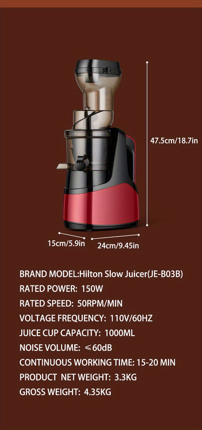 1pc US Plug Hilton Slow Juicer, Cold Press Juice Extractor Masticating Juicer Fruits And Vagetables Juicer