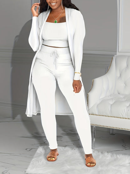 Casual Ribbed 3pcs Set, Crop Tank Top + High Waist Drawstring Pants + Longline Cardigan Outfits, Women's Clothing