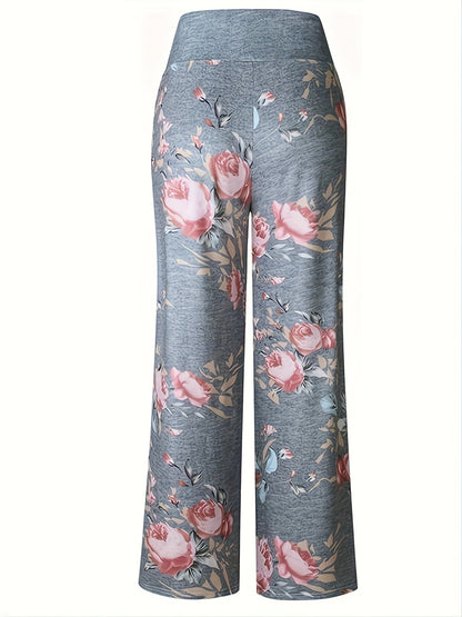 Plus Size Floral Print High Rise Drawstring Long Pants, Women's Plus Slight Stretch Loose Casual Pants