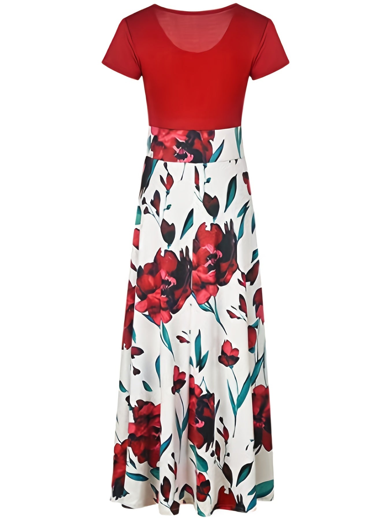 Floral Printed Crew Neck Pendulum Maxi Dress - Elegant Short Sleeve Slim Waist Pleated Design, Micro Elastic Polyester Knit Fabric, Random Printing for Womens All-Season Elegant Dressing