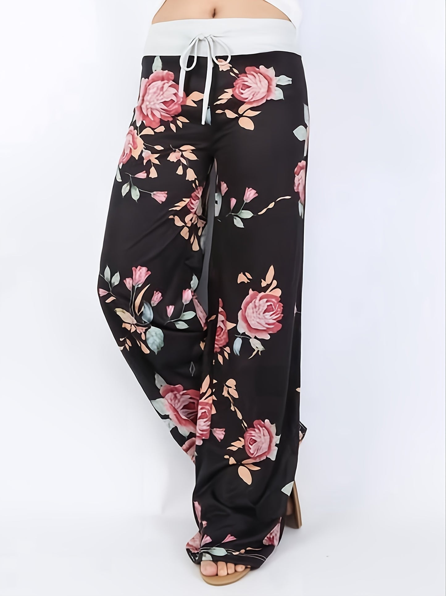 Plus Size Floral Print High Rise Drawstring Long Pants, Women's Plus Slight Stretch Loose Casual Pants