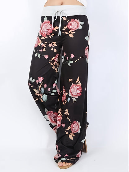Plus Size Floral Print High Rise Drawstring Long Pants, Women's Plus Slight Stretch Loose Casual Pants