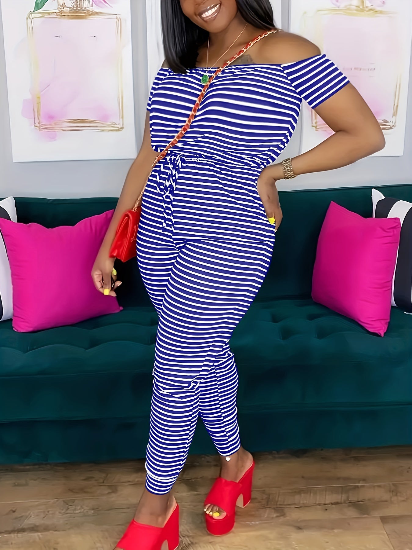 Striped Off Shoulder Drawstring Jumpsuit, Casual Short Sleeve Slim Jumpsuit For Spring & Summer, Women's Clothing