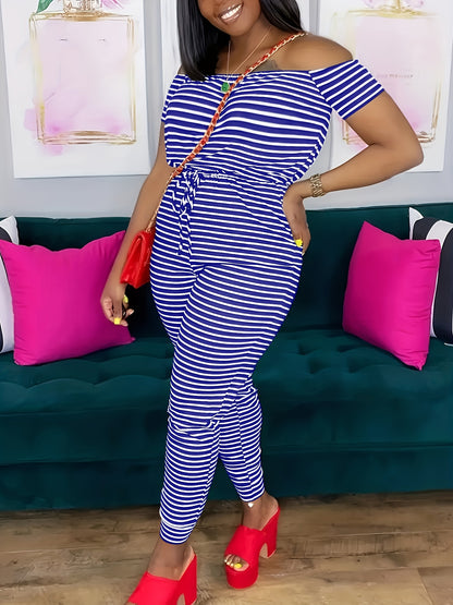 Striped Off Shoulder Drawstring Jumpsuit, Casual Short Sleeve Slim Jumpsuit For Spring & Summer, Women's Clothing