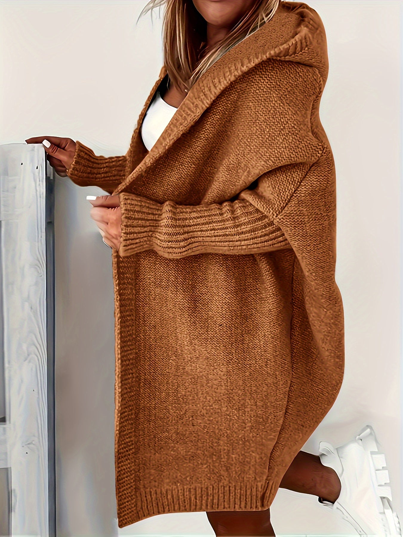 Plus Size Casual Cardigan, Women's Plus Solid Stitching Long Sleeve Hooded Open Front Slight Stretch Sweater Cardigan