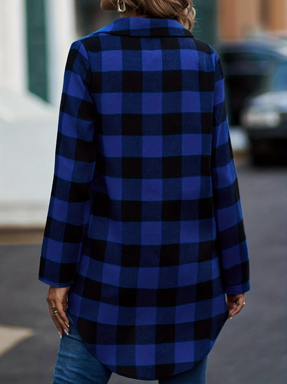 Plaid Print Classic Shirt, Casual Button-Front, Long Sleeve, Women's