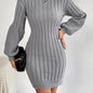 Solid Lantern Sleeve Sweater Dress, Elegant Slim Bodycon Turtleneck Knitted Dress, Women's Clothing