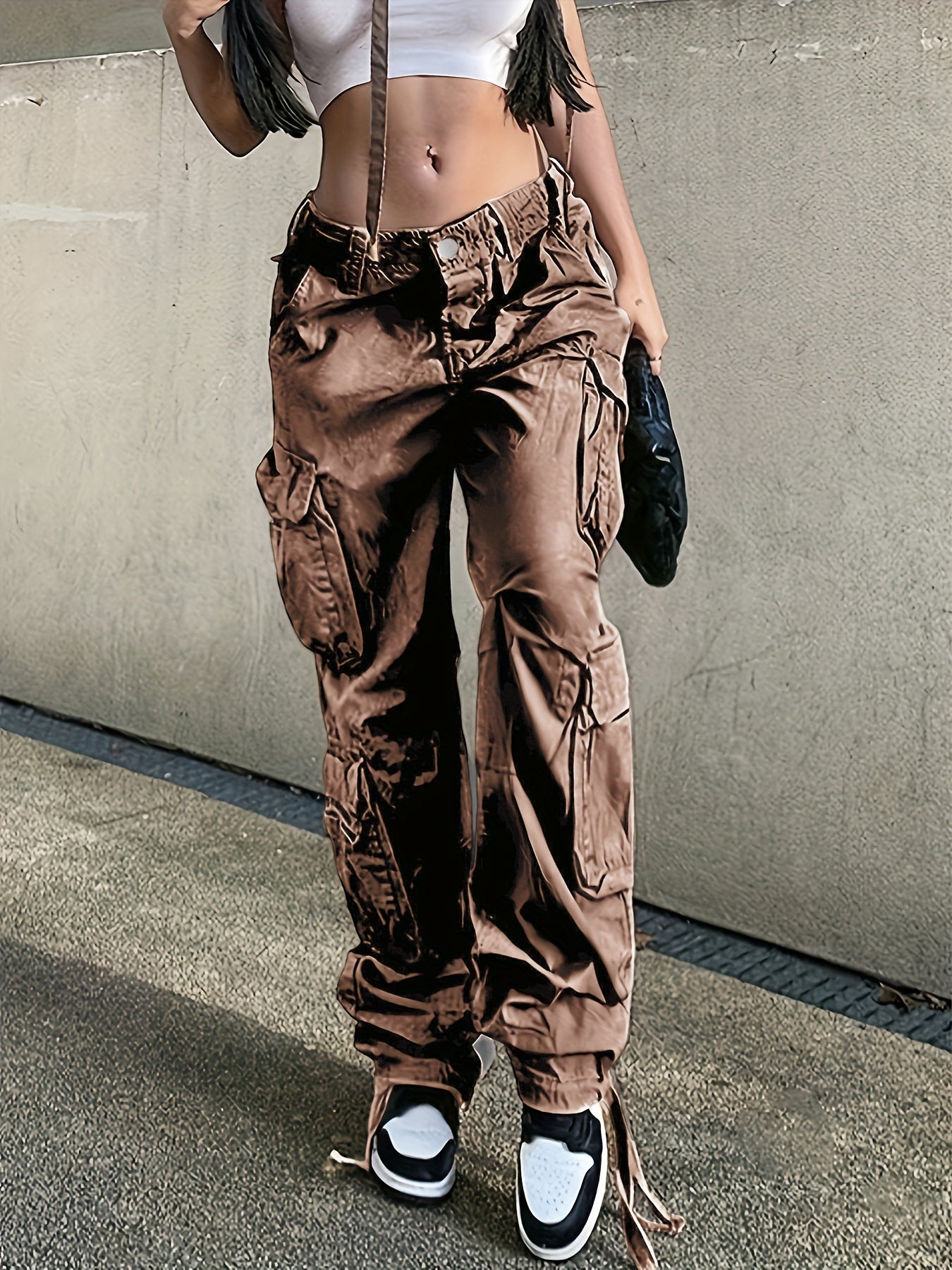 Black Flap Pockets Straight Jeans, Loose Fit Non-Stretch High Waist Cargo Pants, Y2K & Kpop Style, Women's Denim Jeans & Clothing