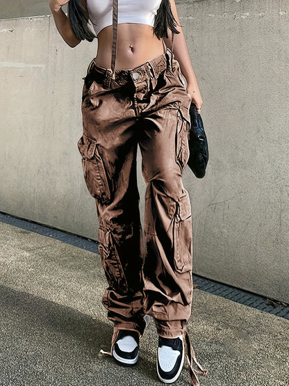 Black Flap Pockets Straight Jeans, Loose Fit Non-Stretch High Waist Cargo Pants, Y2K & Kpop Style, Women's Denim Jeans & Clothing