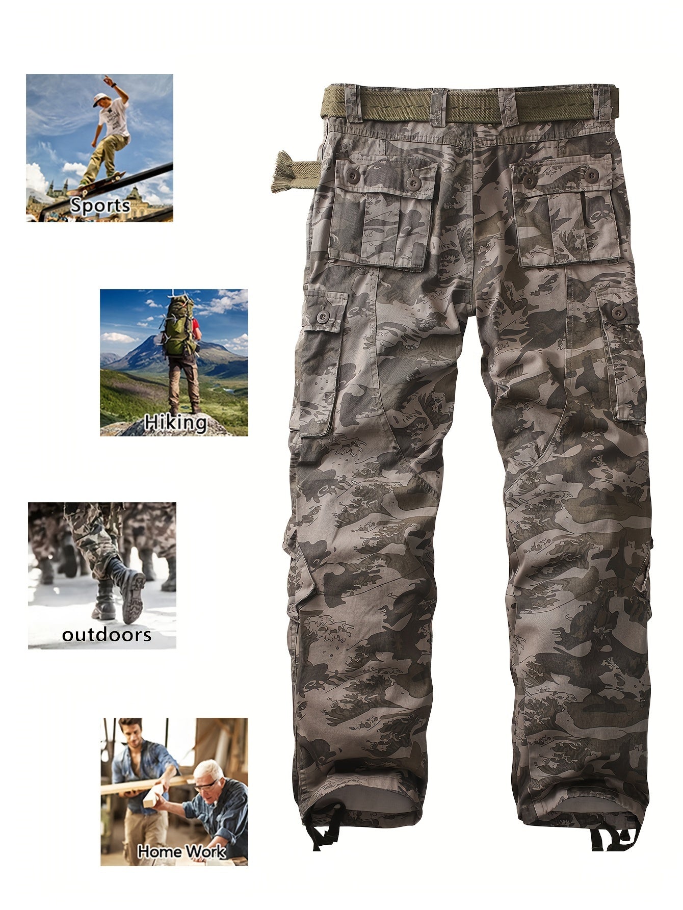 Mens Camo Cargo Pants - Stylish & Durable with Multi-Flap Pockets - Loose Fit Outdoor Work Pants for Hiphop Streetwear