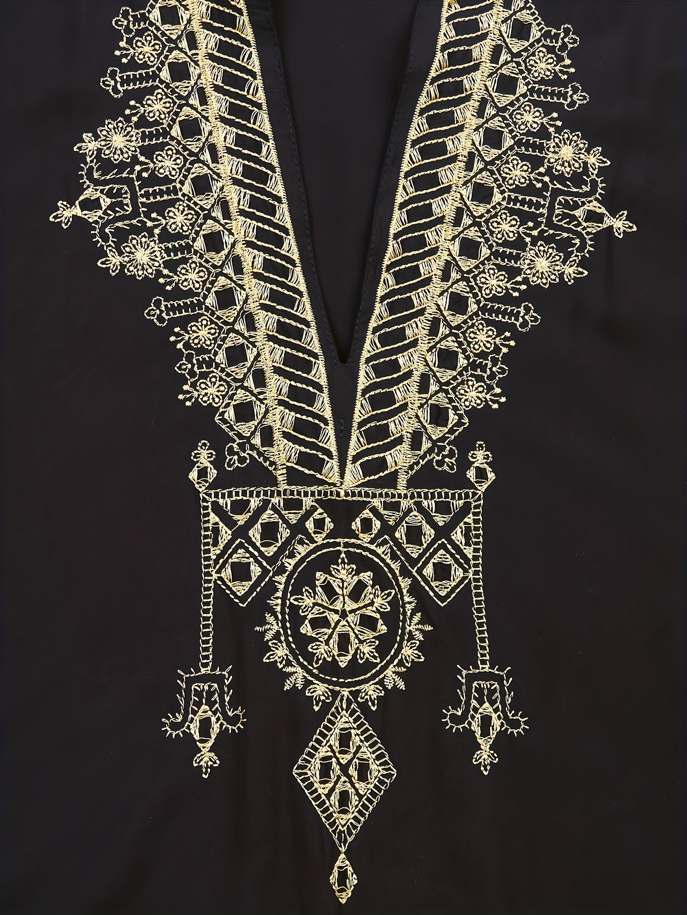 Bohemian Golden Embroidered Plus Size Maxi Dress with Bat Sleeves for Ramadan