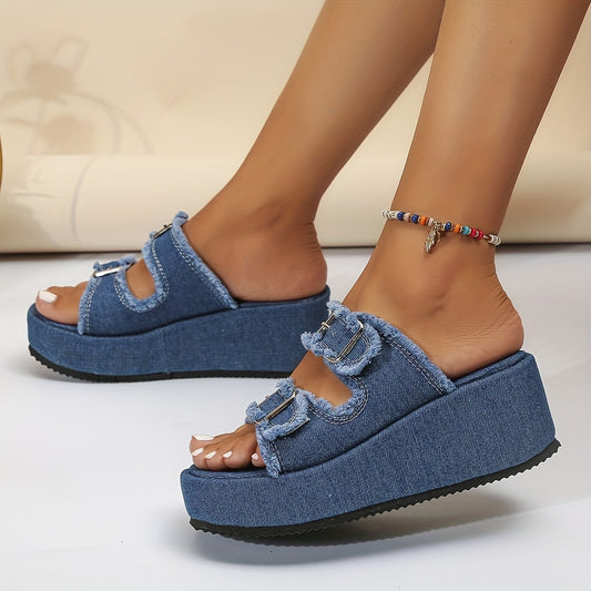 Stylish Womens Denim Platform Sandals - Square Open Toe, Buckle Strap, Slip-on, EVA Sole, Comfortable Strappy Back Slide Shoes for Summer Outdoor Activities