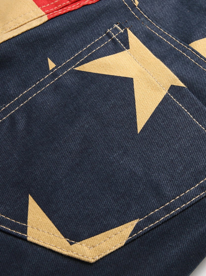 Mens Fashion Flag Print Denim Pants - Bold Color Block Design for Casual Street Style - Comfortable Fit Jeans for Everyday Wear
