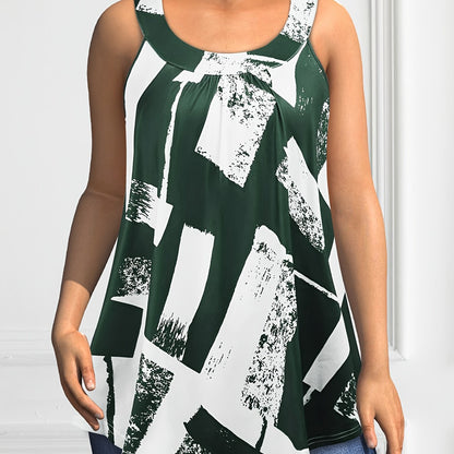 Plus Size Round Neck Colorblock Curved Hem Casual Tank Top