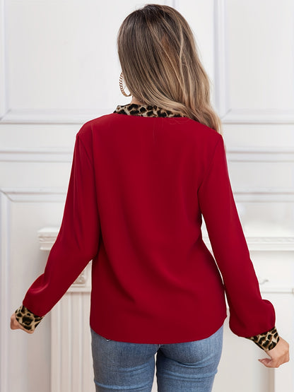 Elegant Non-Sheer V-Neck Blouse with Contrast Trim – Chic Long Sleeve Polyester Top, All-Season Style, Machine Washable