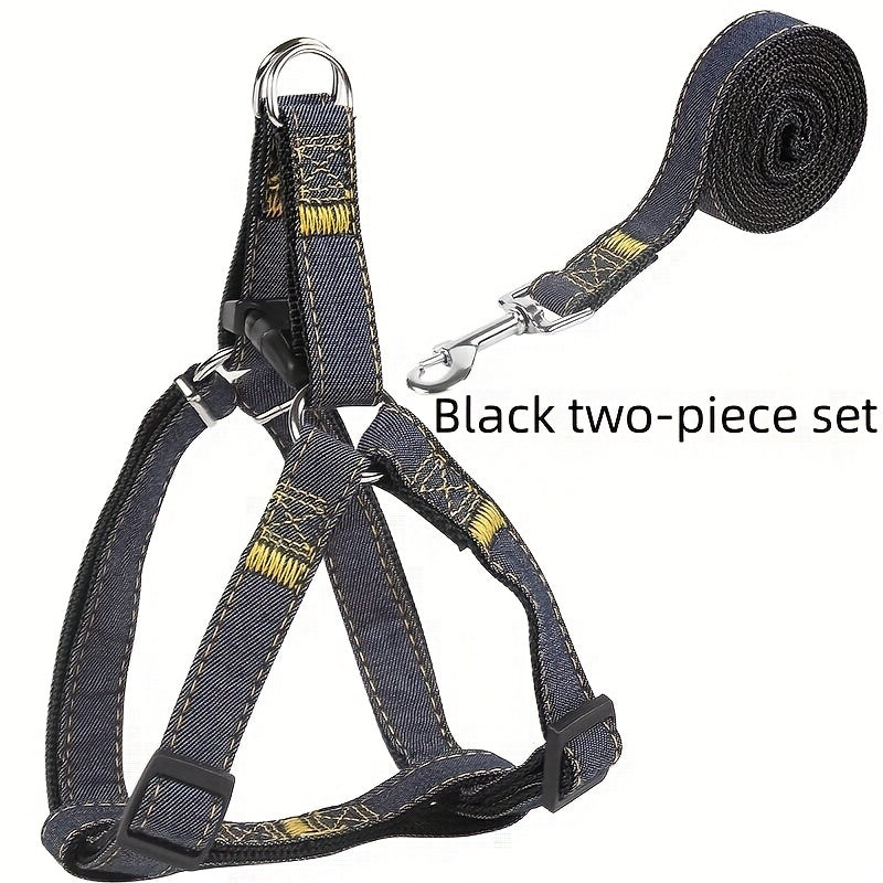 [Small to Large Adjustable Harness] Denim Dog Harness and Leash Set - Adjustable, Comfort Fit for Small to Large Breeds - Durable Polyester Material, Pulling Rope, Teddy