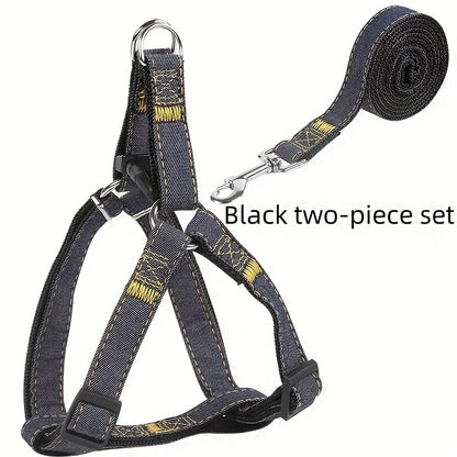 [Small to Large Adjustable Harness] Denim Dog Harness and Leash Set - Adjustable, Comfort Fit for Small to Large Breeds - Durable Polyester Material, Pulling Rope, Teddy