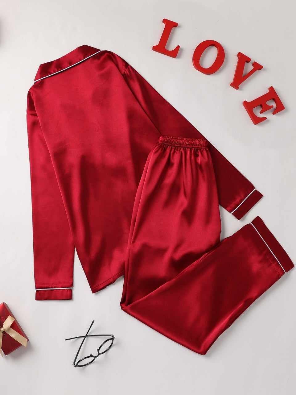 Solid Pajama Set, Long Sleeve Button Up Lapel Top & Pants Pj Set, Women's Sleepwear & Loungewear