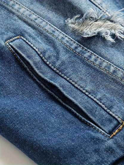 Men's Ripped Denim Jacket with Multiple Pockets, Casual Street Style Denim Jacket