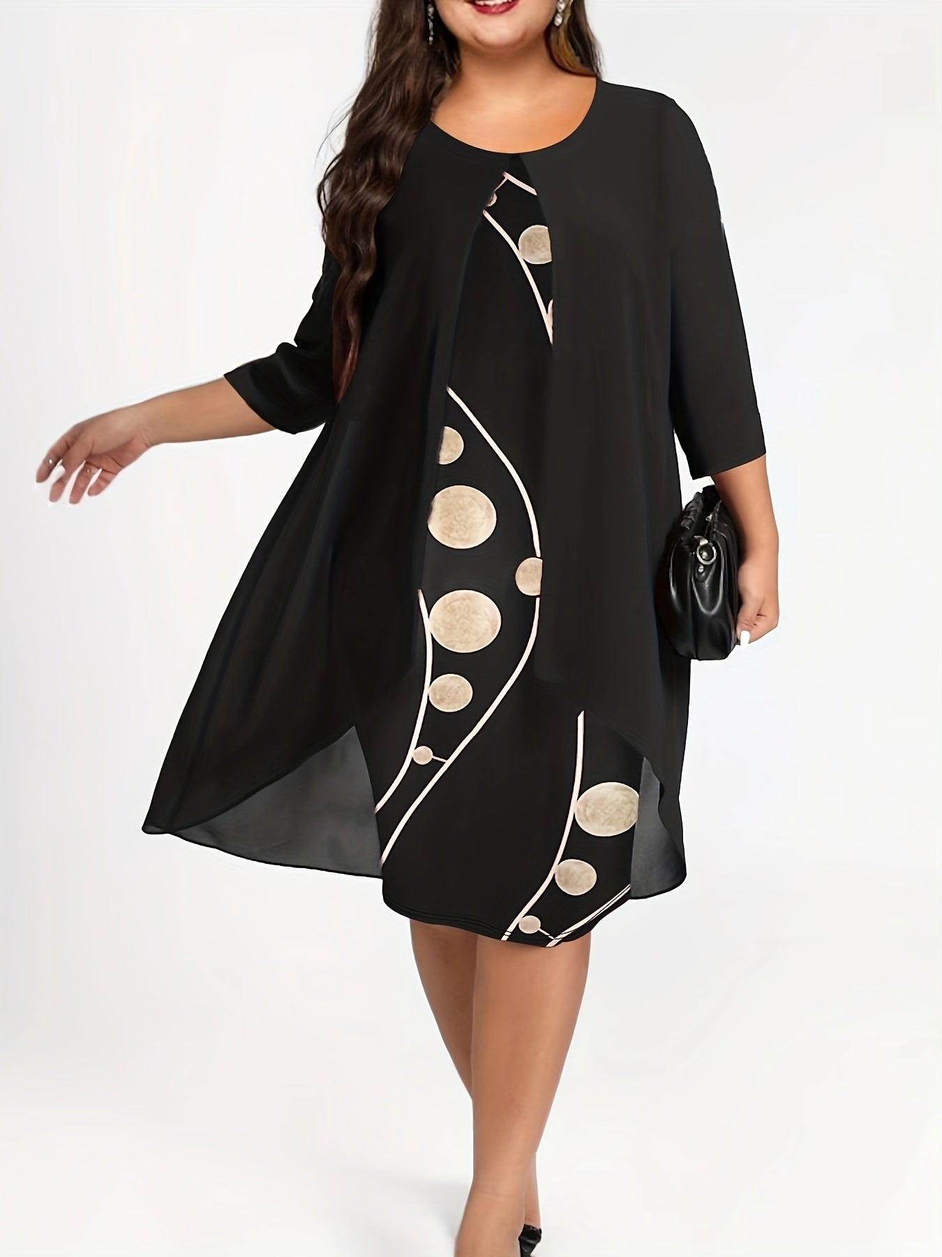 [Elegant Abstract Print Dress] Elegant 3/4 Sleeve Abstract Print Layered Dress - Women's Clothing, Crew Neck