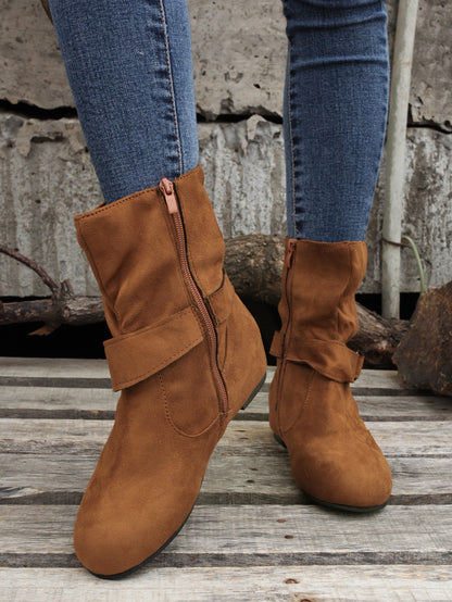 Womens Classic Solid Color Ankle Boots with Round-Toe Design - Fashion Buckle Belt & Side Zipper Closure - Ultra-Comfortable Outdoor Shoes for Stylish Adventures