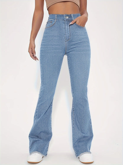 High-Rise Blue Raw Hem Flare Jeans - Slim Fit Bell Bottoms for Women - High-Stretch Denim Clothing with Trendy Style
