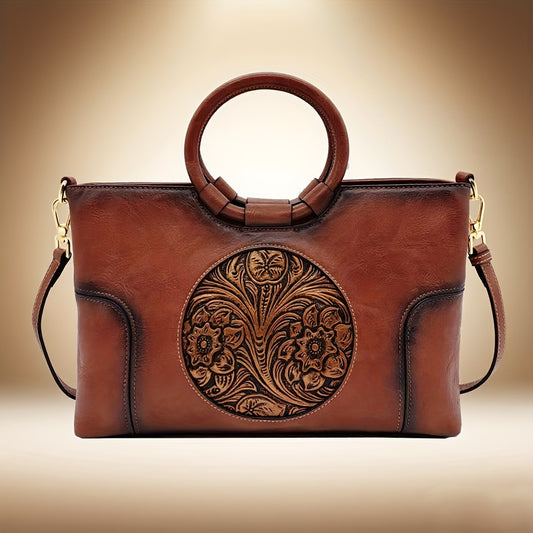 Vintage Flower Embossed Tote Bag, Gradient Color Crossbody Bag, Large Capacity Satchel Purse With Round Handle