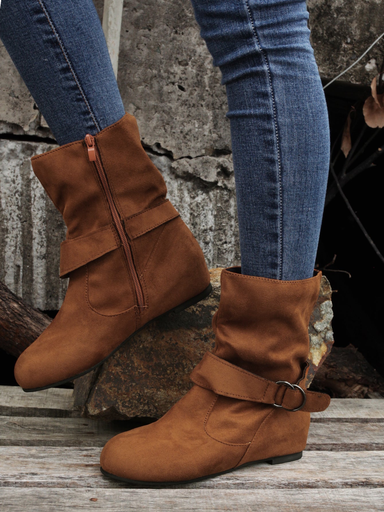 Womens Classic Solid Color Ankle Boots with Round-Toe Design - Fashion Buckle Belt & Side Zipper Closure - Ultra-Comfortable Outdoor Shoes for Stylish Adventures