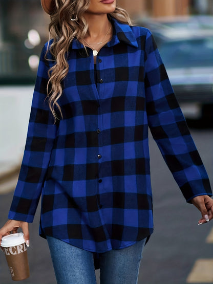 Plaid Print Classic Shirt, Casual Button-Front, Long Sleeve, Women's