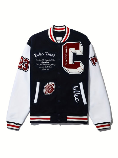 Mens Fashionable Letter Print Varsity Jacket - Color Block Button Up for Spring/Fall - Casual Style Perfect for School or Baseball