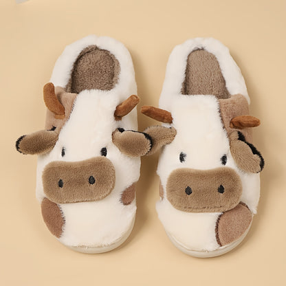 Cozy Cartoon Cow Slippers - Plush Lined Slip-Ons for Winter Warmth and Comfort