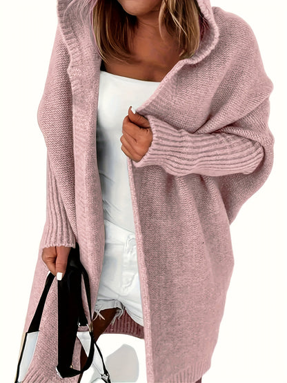 Plus Size Casual Cardigan, Women's Plus Solid Stitching Long Sleeve Hooded Open Front Slight Stretch Sweater Cardigan