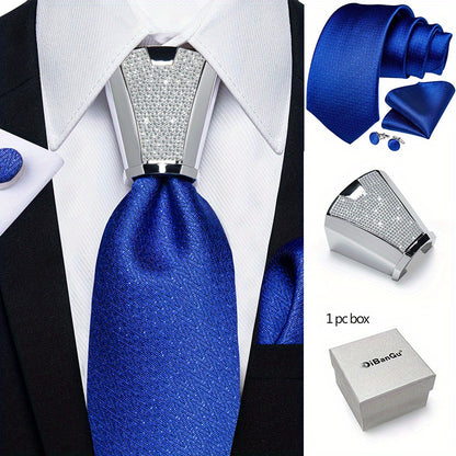 [For Business Silvery Necktie Set] Men's Necktie Silvery Ring & Handkerchief & Cufflinks Set For Business Accessories With Gift Box