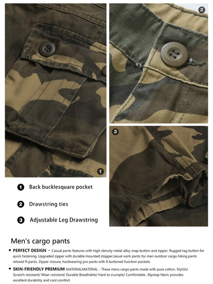 Camouflage Pattern Cotton Tactical Pants, Multi Pocket Cargo Pants