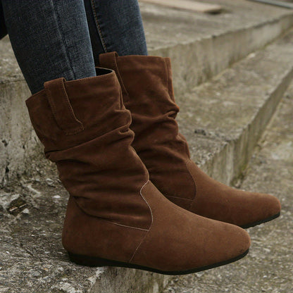 Women's Slouchy Mid Calf Boots, Comfy V-cut Pull On Plush Lined Warm Flat Shoes, Winter Thermal Boots