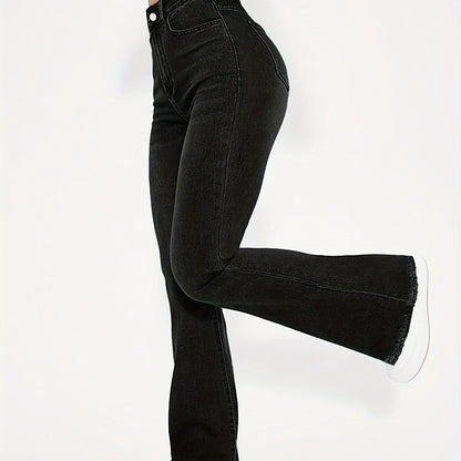 High-Rise Blue Raw Hem Flare Jeans - Slim Fit Bell Bottoms for Women - High-Stretch Denim Clothing with Trendy Style