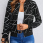 Chic Geometric Print Bomber Jacket – Casual Long-Sleeve Zip-Up, Easy-Care & Stylish for Women's Spring/Fall Fashion