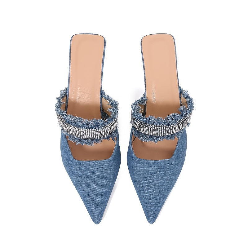 Women's Rhinestone Decor Shoes, Slip On Point Toe Stiletto Versatile Hollow Slides Shoes, Trendy & Glitter Minimalist Shoes