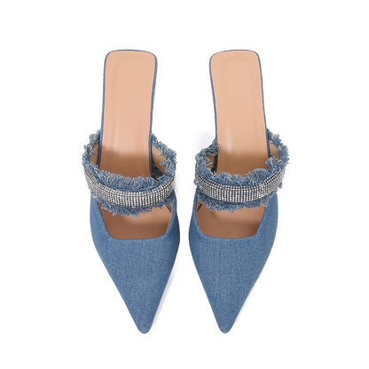 Women's Rhinestone Decor Shoes, Slip On Point Toe Stiletto Versatile Hollow Slides Shoes, Trendy & Glitter Minimalist Shoes