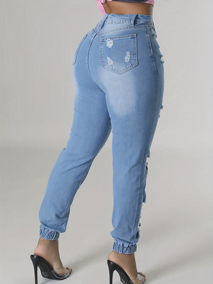 Plus Size Womens High Rise Slight Stretch Graffiti Print Ripped Button Fly Jogger Jeans - Comfortable Casual Wear for All Seasons - Cotton Blend Fabric, Positioning Printing, Woven Construction