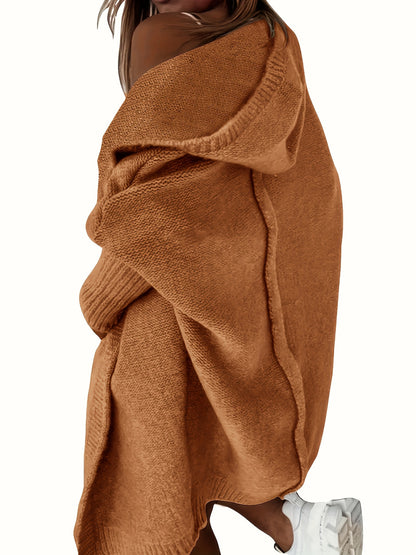 Plus Size Casual Cardigan, Women's Plus Solid Stitching Long Sleeve Hooded Open Front Slight Stretch Sweater Cardigan