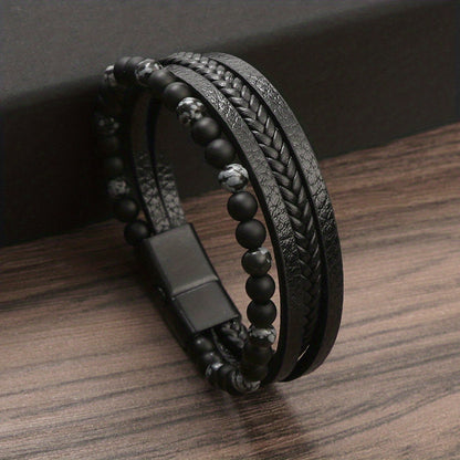 Retro Men's Braided Natural Obsidian Bracelet, Beaded Tiger Eye PU Leather Braided Stacking Multilayer Bracelet