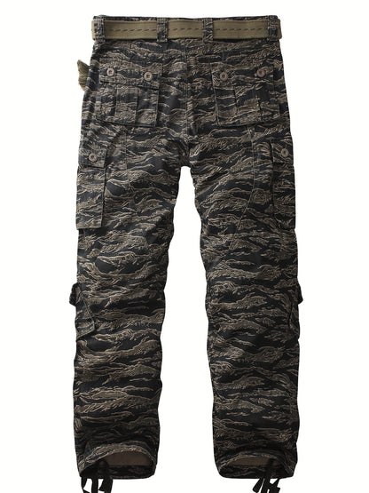 Trendy Mens Tiger Camo Cargo Pants - Bold Print, Multiple Pockets, Loose Fit, Durable Cotton Blend, Perfect for Outdoor Adventures & Street Style