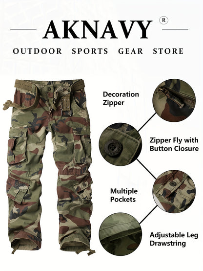 Mens Cotton Camo Cargo Pants - Durable & Stylish with Multi-Flap Pockets - Straight Leg, Loose Fit Tactical Pants for Outdoor Adventures, Work, Hiking, Fishing & Angling