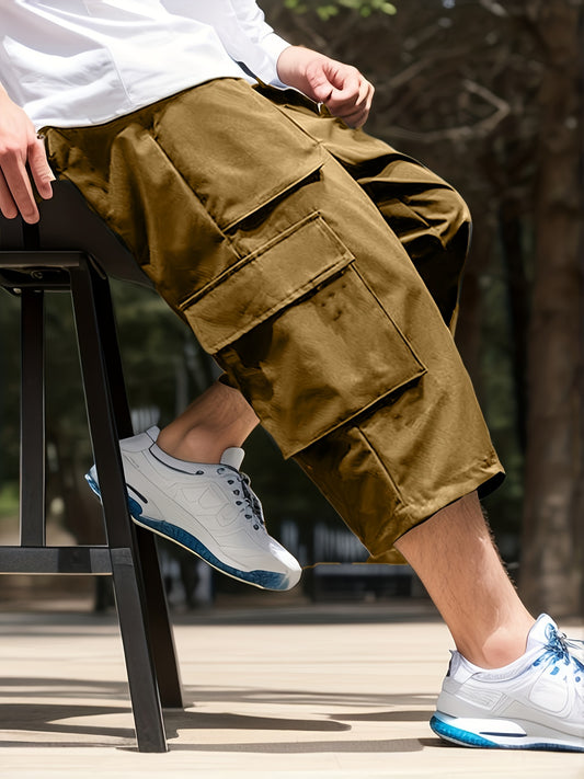 Plus Size Mens Relaxed Fit Drawstring Capri Cargo Pants - Multi-Pocket, Non-Stretch Polyester, Solid Color, Woven Fabric - Ideal for Outdoor Activities